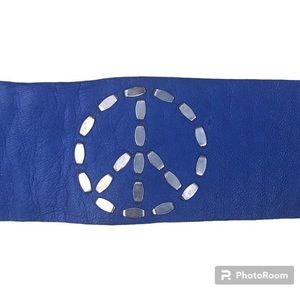 Calleen Cordero Blue Leather Imagine Peace Silver Tone Peace Sign Studded Belt.